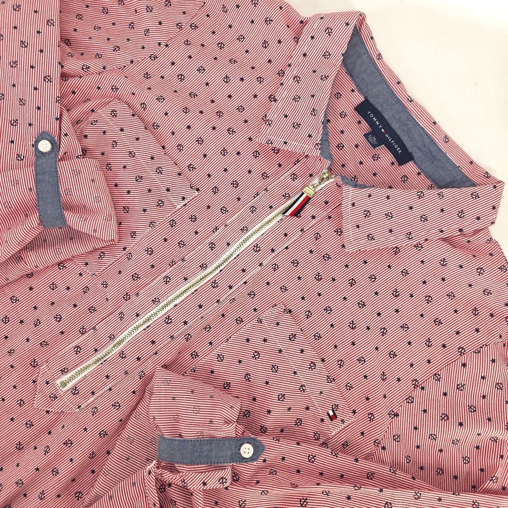 Tommy Hilfiger Anchor Print Zip Front Shirt XL Striped‎ Nautical Preppy Coastal
